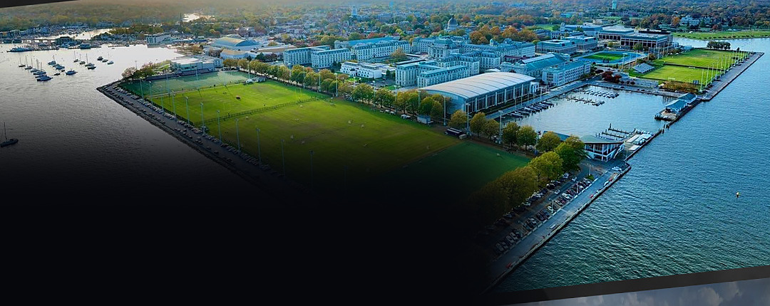Aerial view of waterfront athletic fields on the Annapolis harbour.
