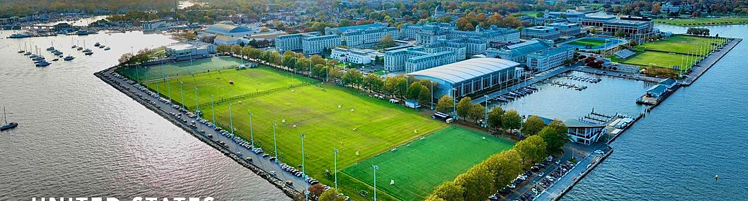 Aerial view of waterfront athletic fields on the Annapolis harbour.